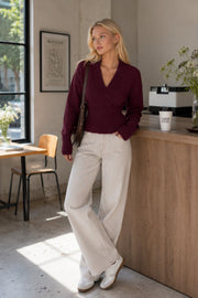 Burgundy V-Neck Fitted Knit Sweater