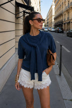 Shawl Detail Crew Neck Textured Navy Blouse