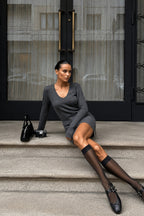 V-Neck Long Sleeve Textured Gray Blouse