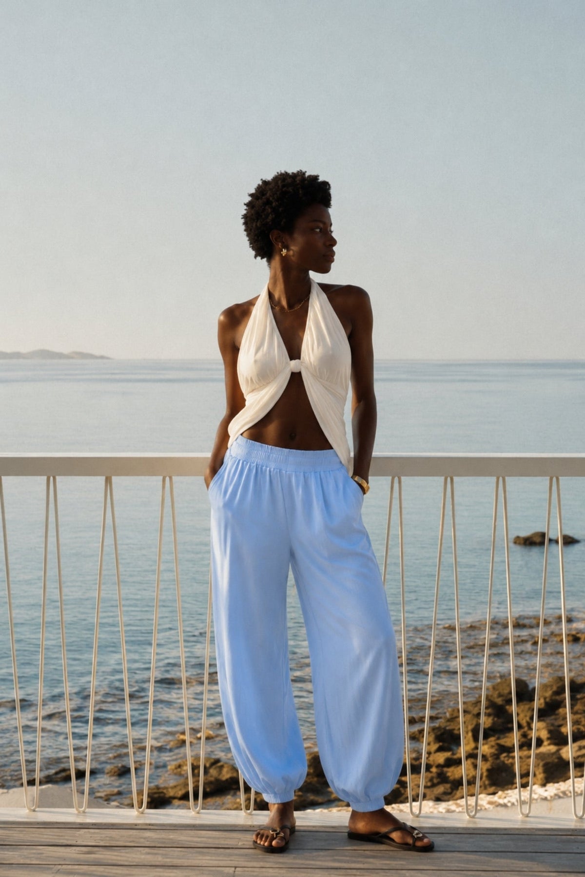 Elastic Waist Modal Blue Harem Pants
