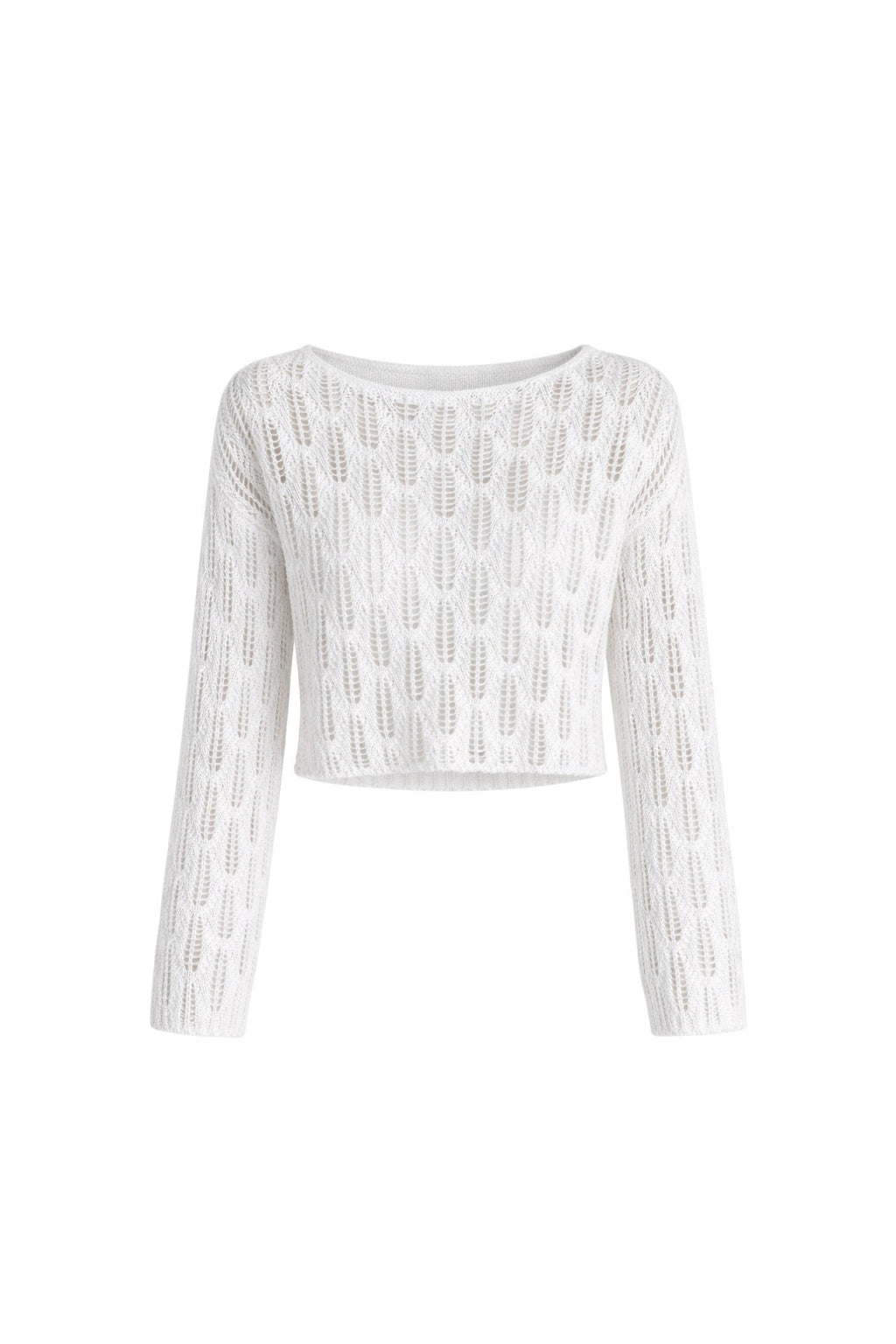 Boat Neck Open-Knit White Knit Blouse
