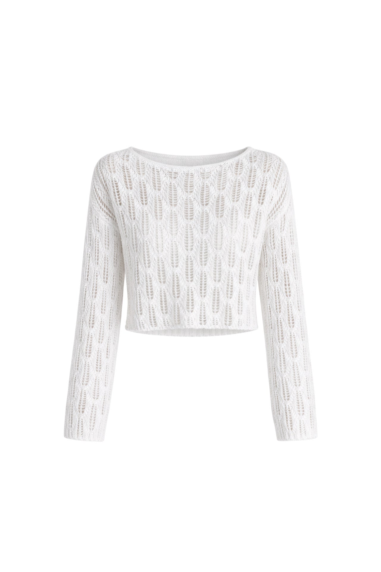 Boat Neck Open-Knit White Knit Blouse
