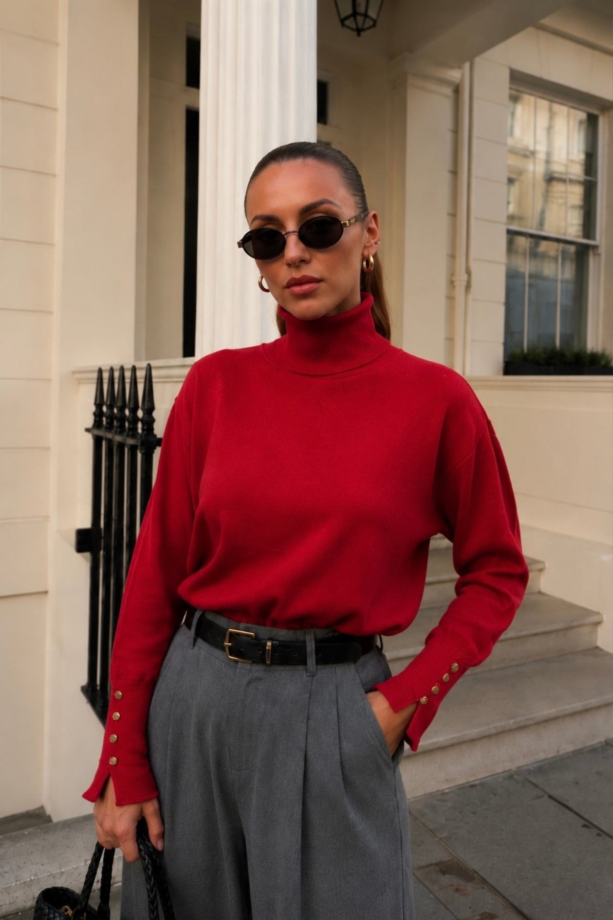 Turtleneck Button Detail Red Knit Blouse