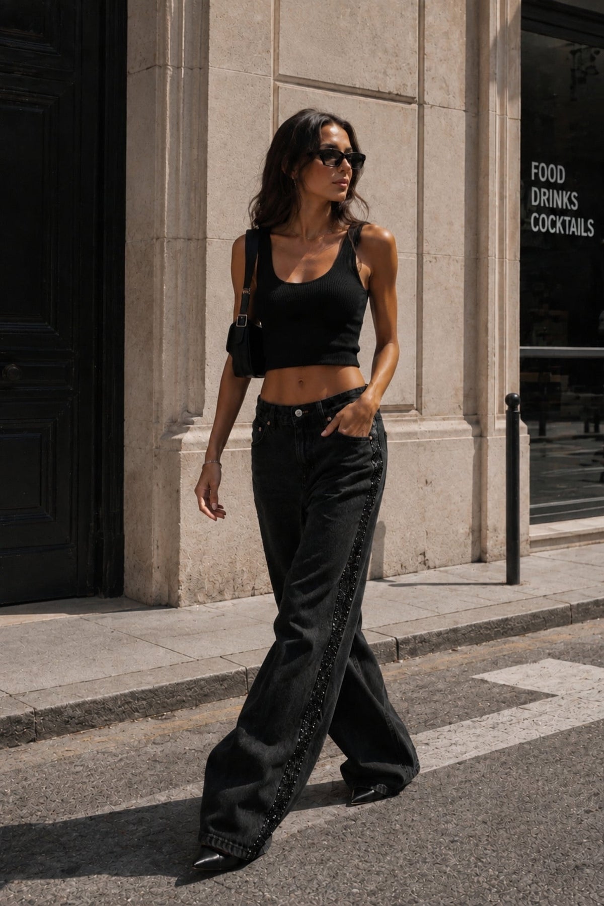 Stone Detail High Waist Black Jeans