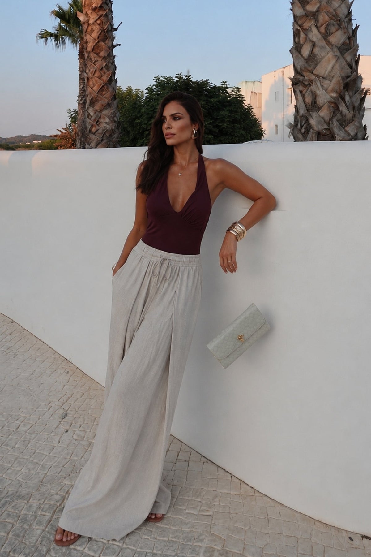 Pleated Lace-Up Stone Linen Trousers