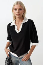 V-Neck Stripe Detail Black White T-Shirt