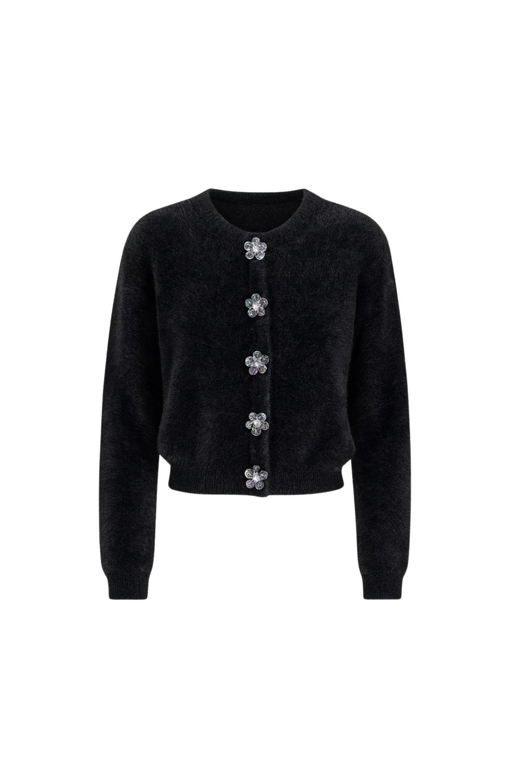 Flower Accessorized Soft-Textured Black Knit Cardigan