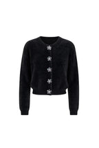 Flower Accessorized Soft-Textured Black Knit Cardigan