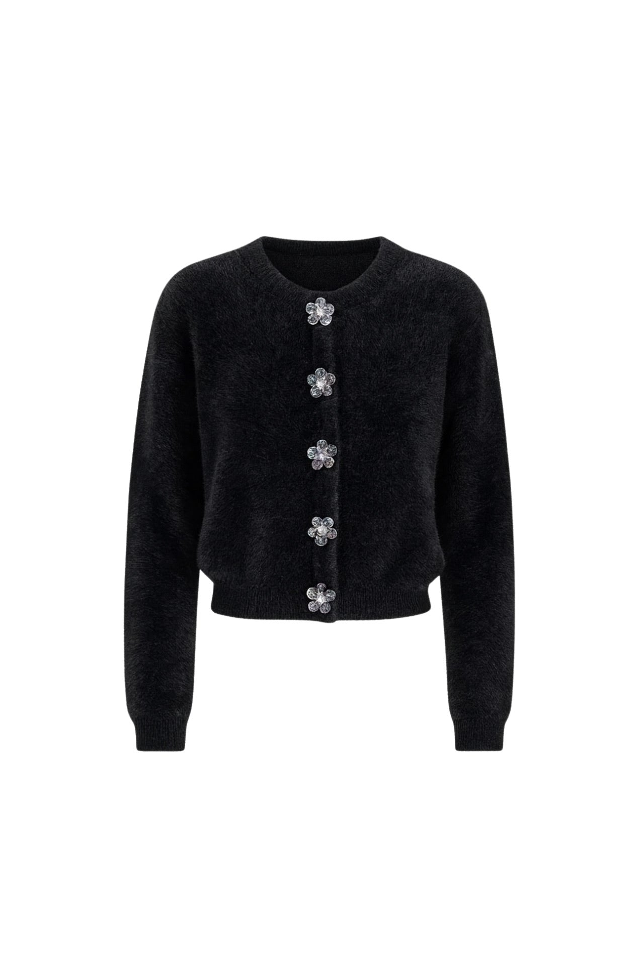 Flower Accessorized Soft-Textured Black Knit Cardigan