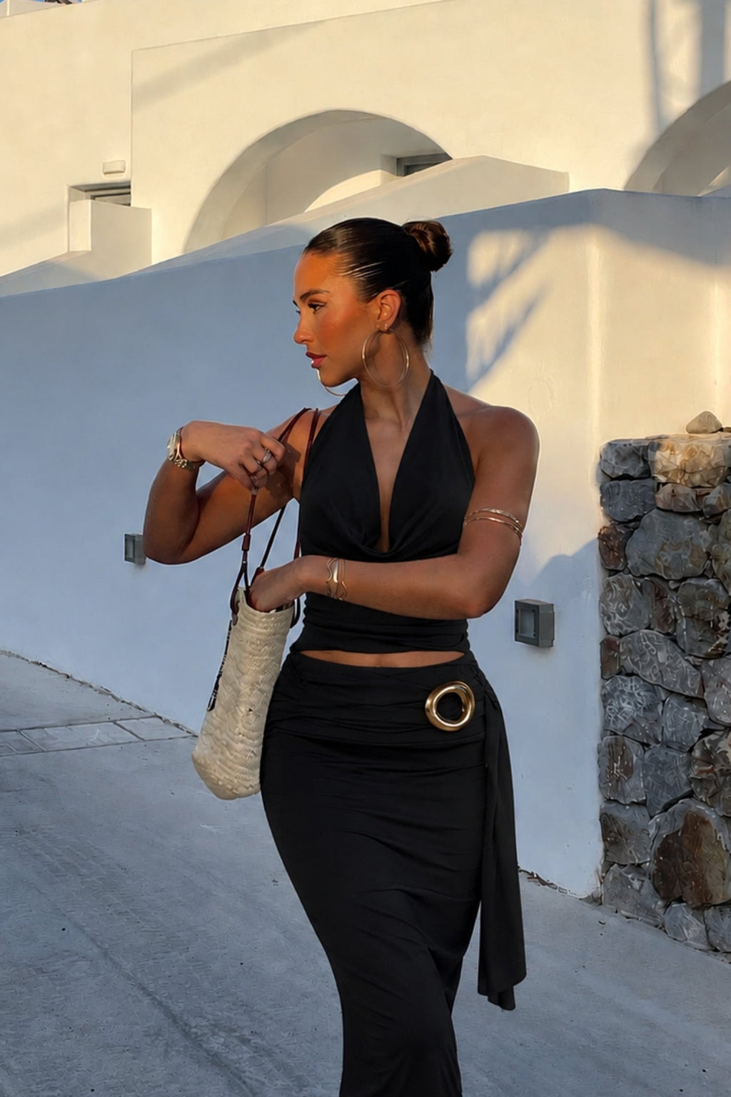 Cowl Neck Blouse Accessory Detail Maxi Skirt Two-Piece Black Set