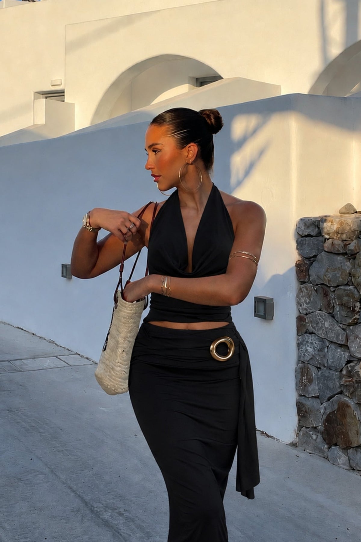 Cowl Neck Blouse Accessory Detail Maxi Skirt Two-Piece Black Set