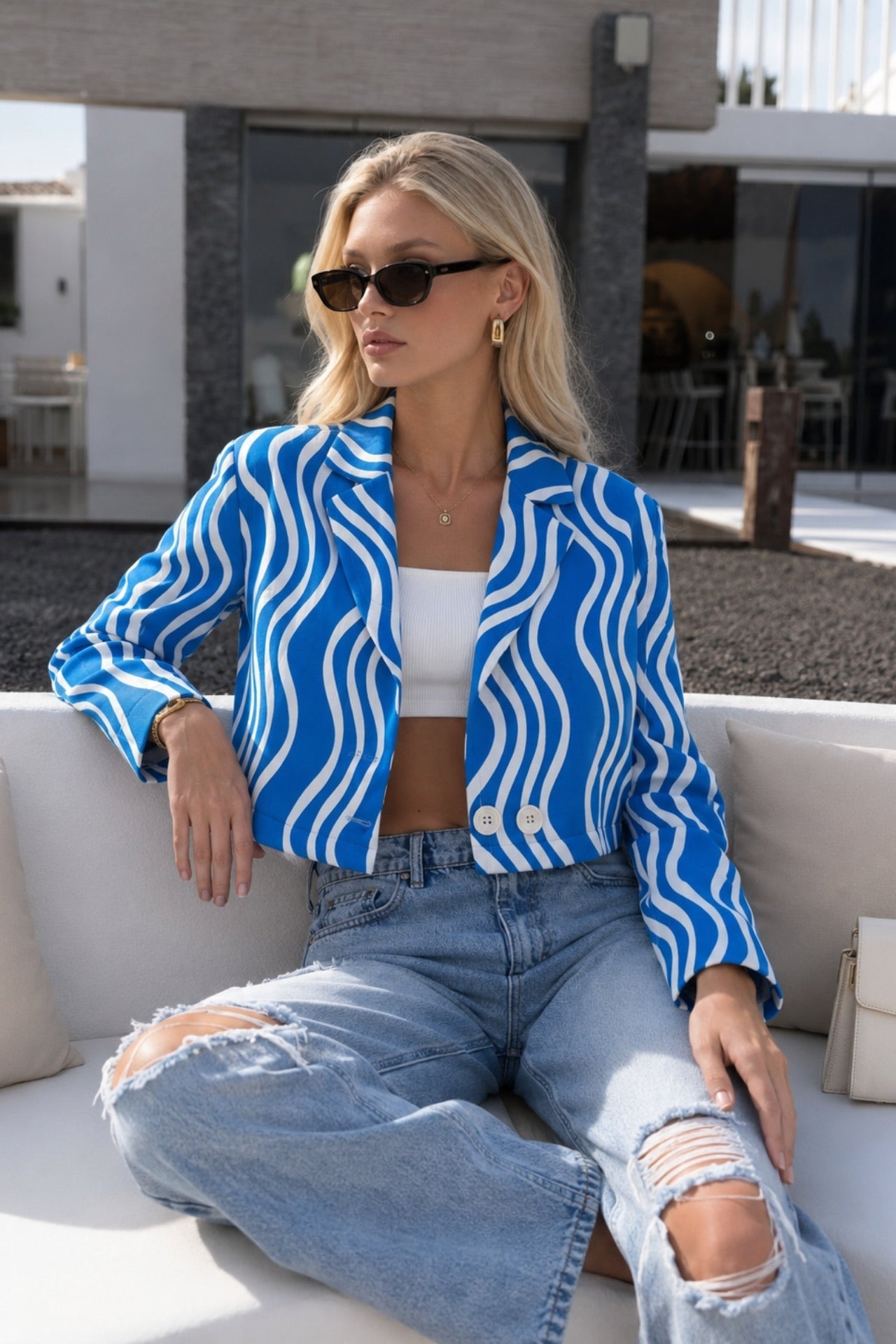 Patterned Blue Crop Jacket