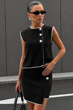 Button Detail Contrast-Trimmed Blouse Skirt Two-Piece Black Knit Set