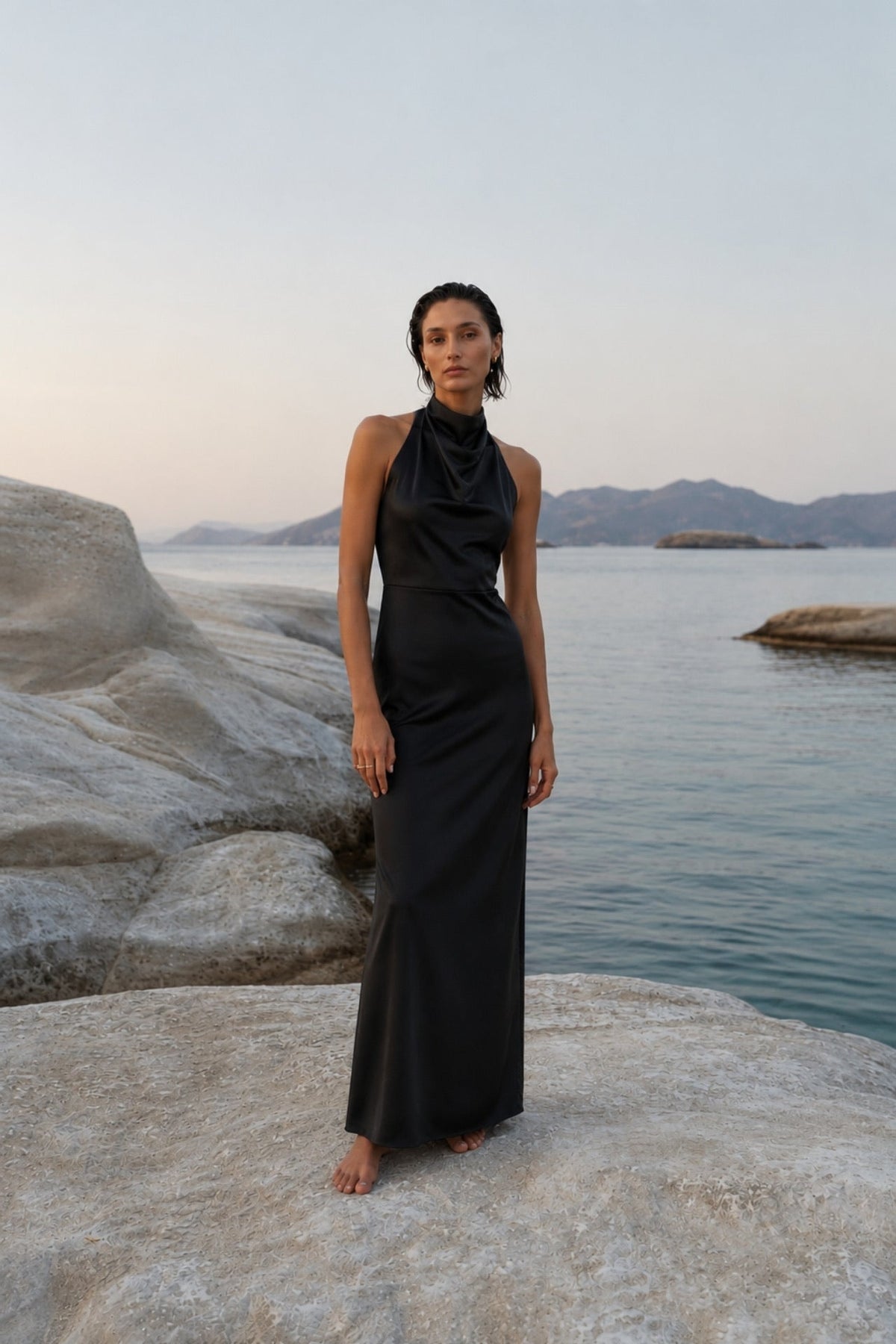 Off-the-Shoulder Maxi Black Satin Dress