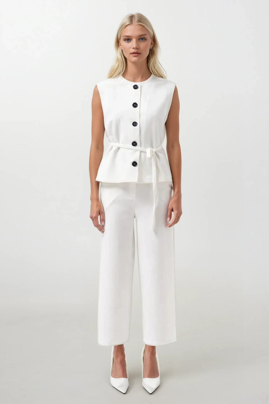 Sash Detail Woven White Vest