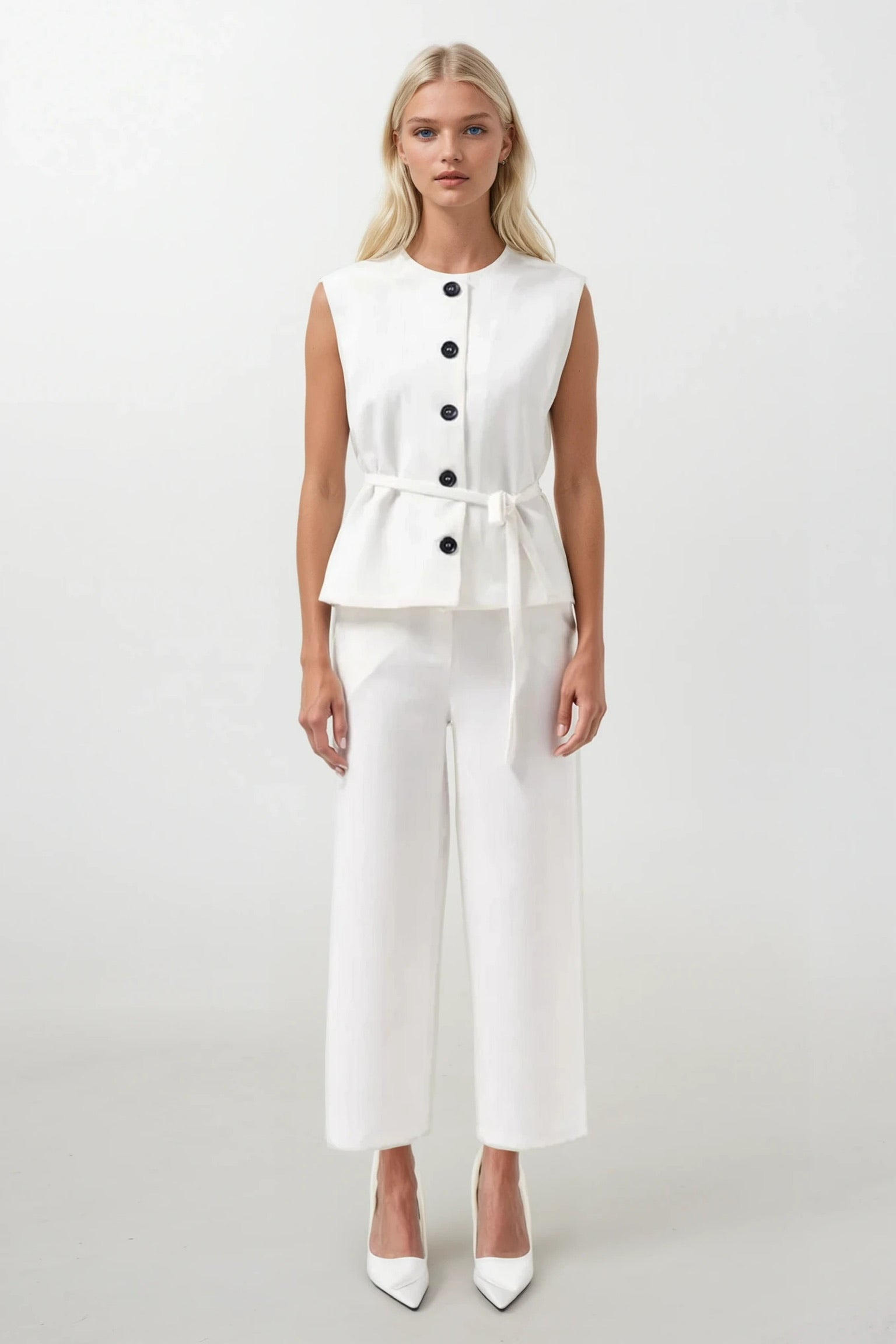 Sash Detail Woven White Vest