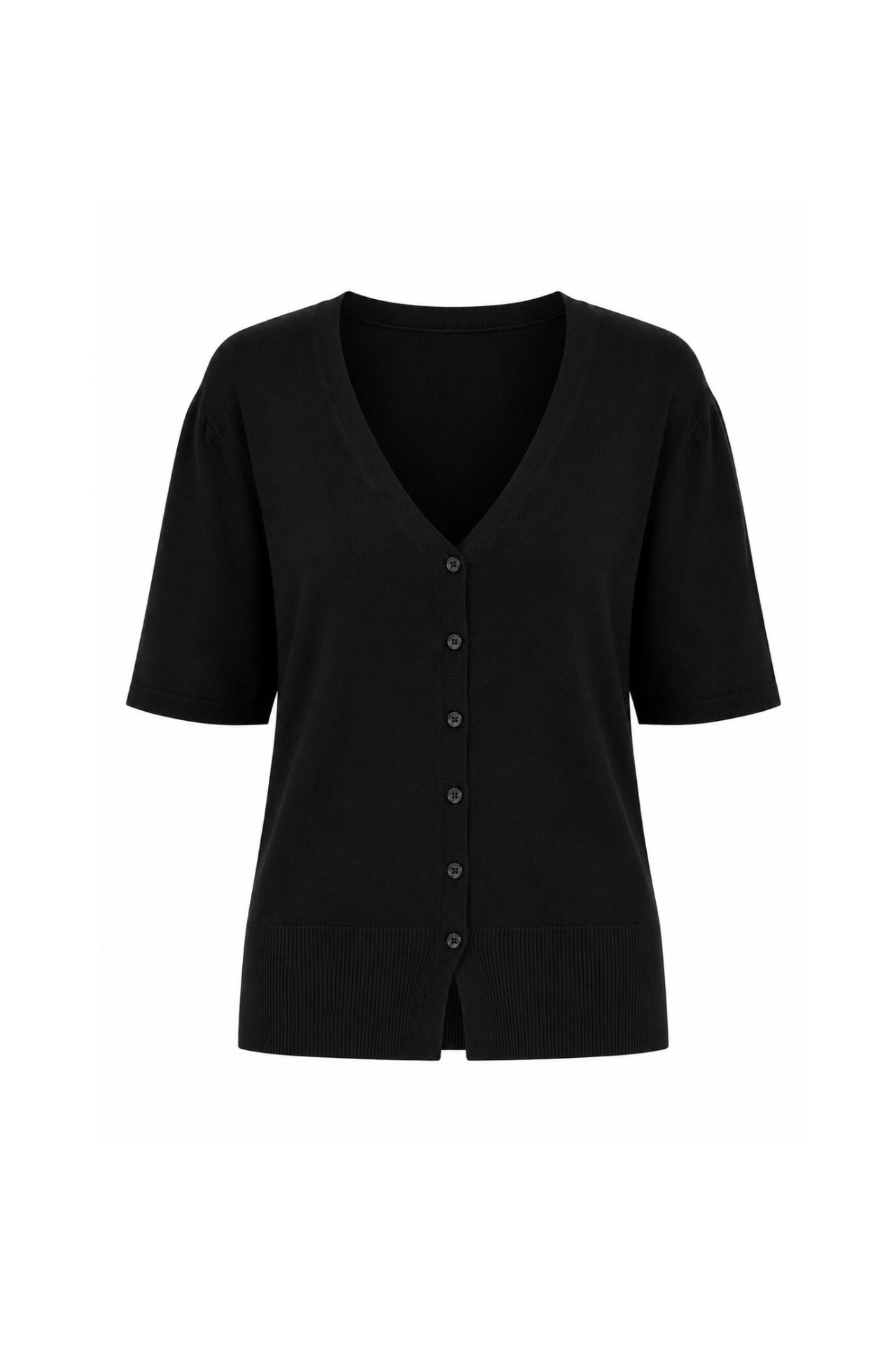 Button Detail V-Neck Black Knitwear Blouse
