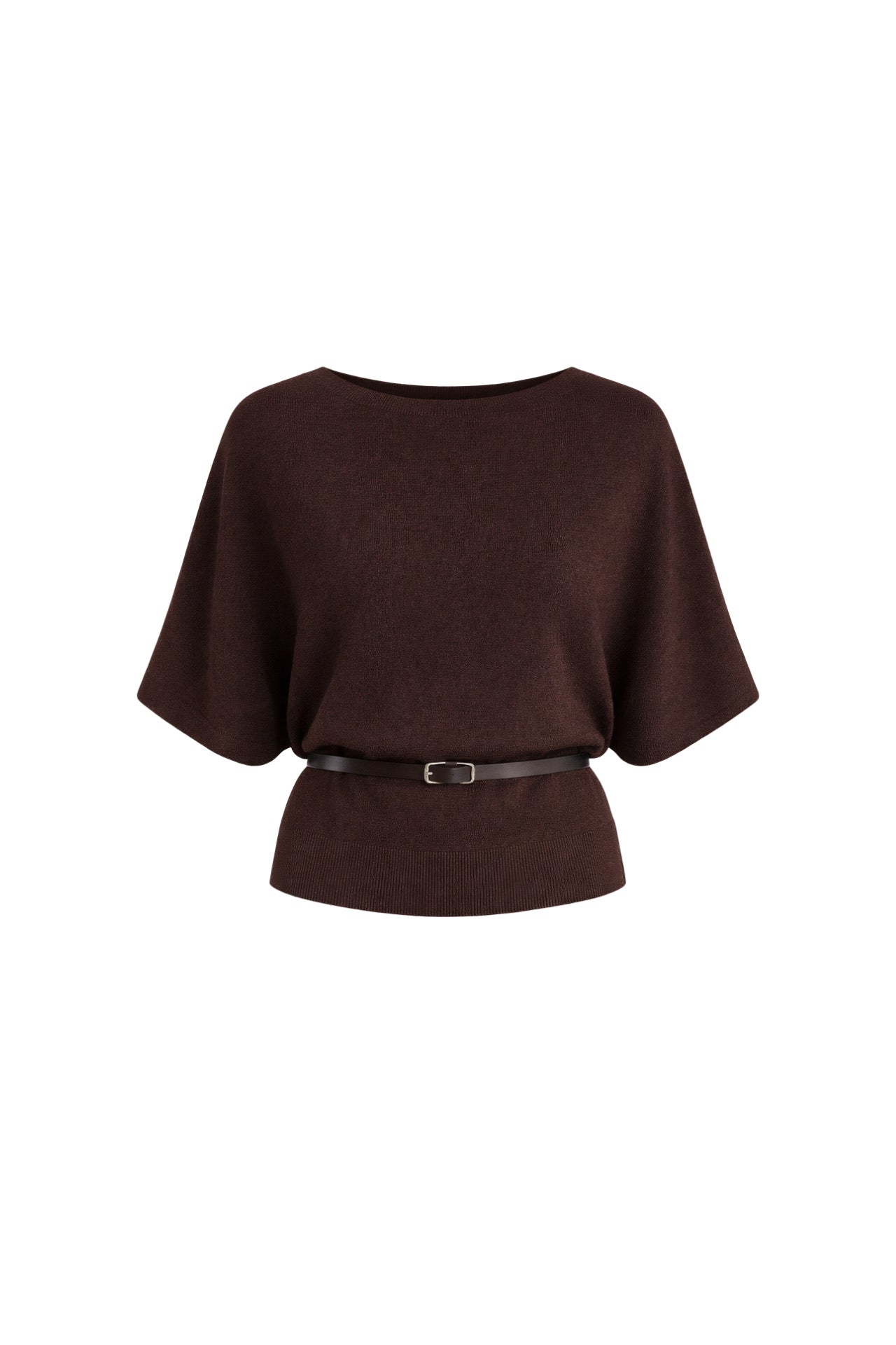 Belt Detail Short Sleeve Boat Neck Brown Knit Blouse