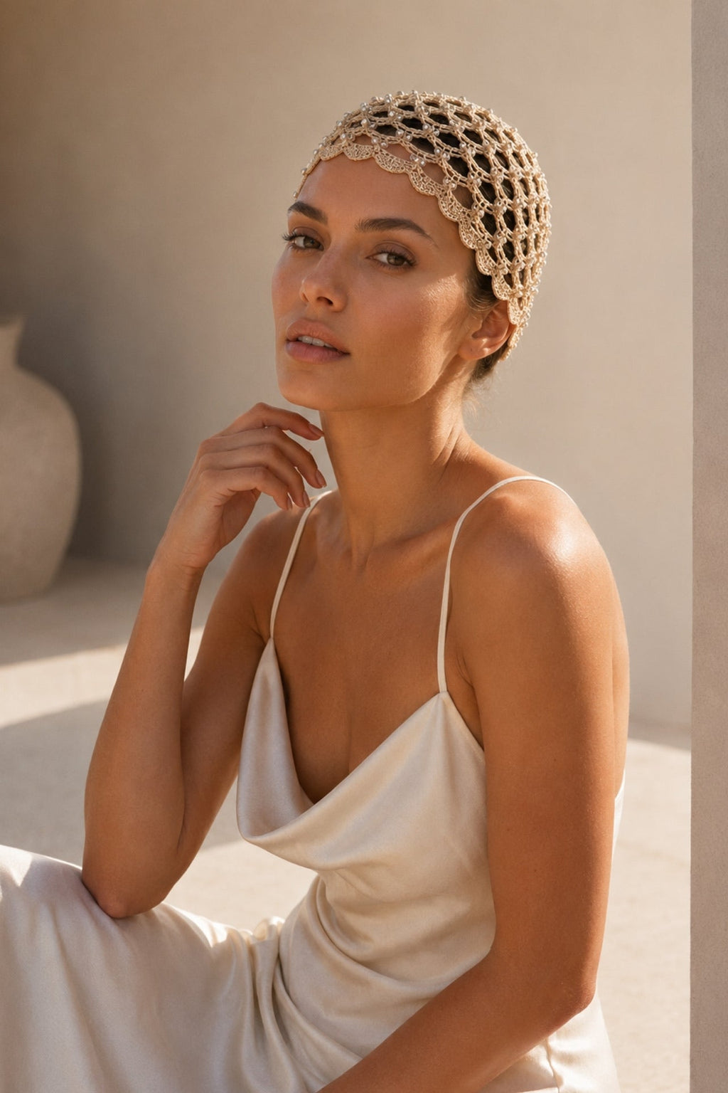 Beige Knitted Cap with Pearl Detail