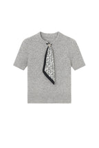 Scarf Detail Half Sleeve Gray Knit Blouse