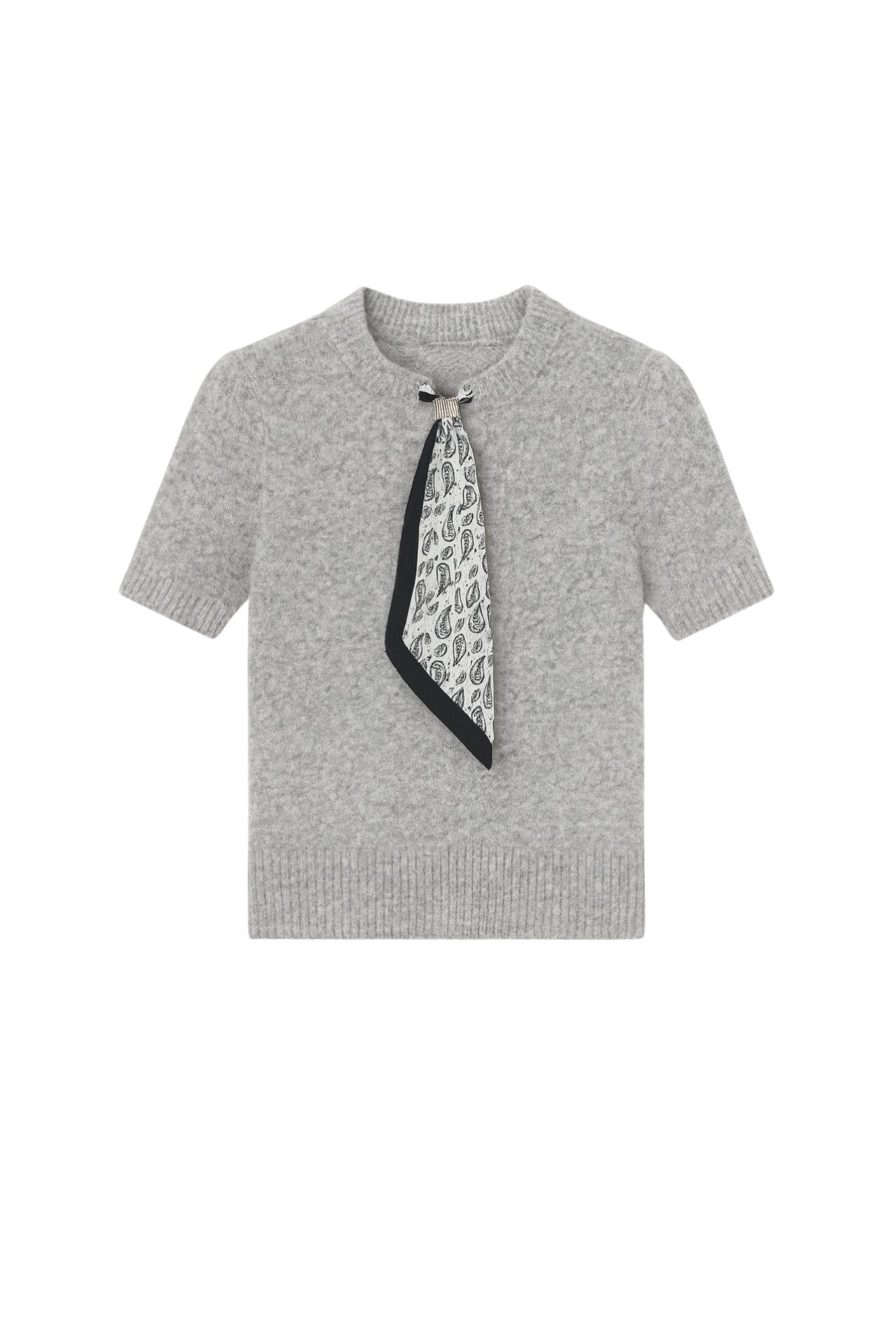 Scarf Detail Half Sleeve Gray Knit Blouse