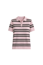 Striped Polo Collar Pink Knit Blouse