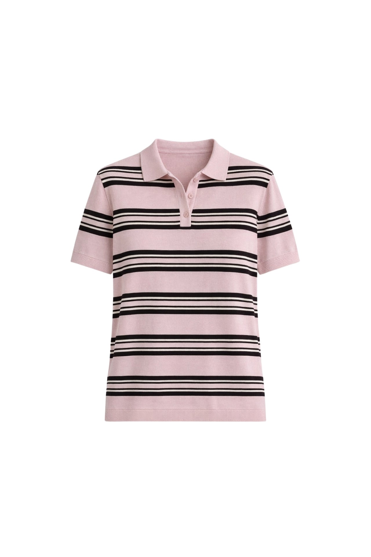 Striped Polo Collar Pink Knit Blouse