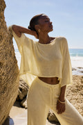 Textured Boat Neck Asymmetrical Blouse and Pants Yellow Two-Piece Set