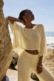 Textured Boat Neck Asymmetrical Blouse and Pants Yellow Two-Piece Set