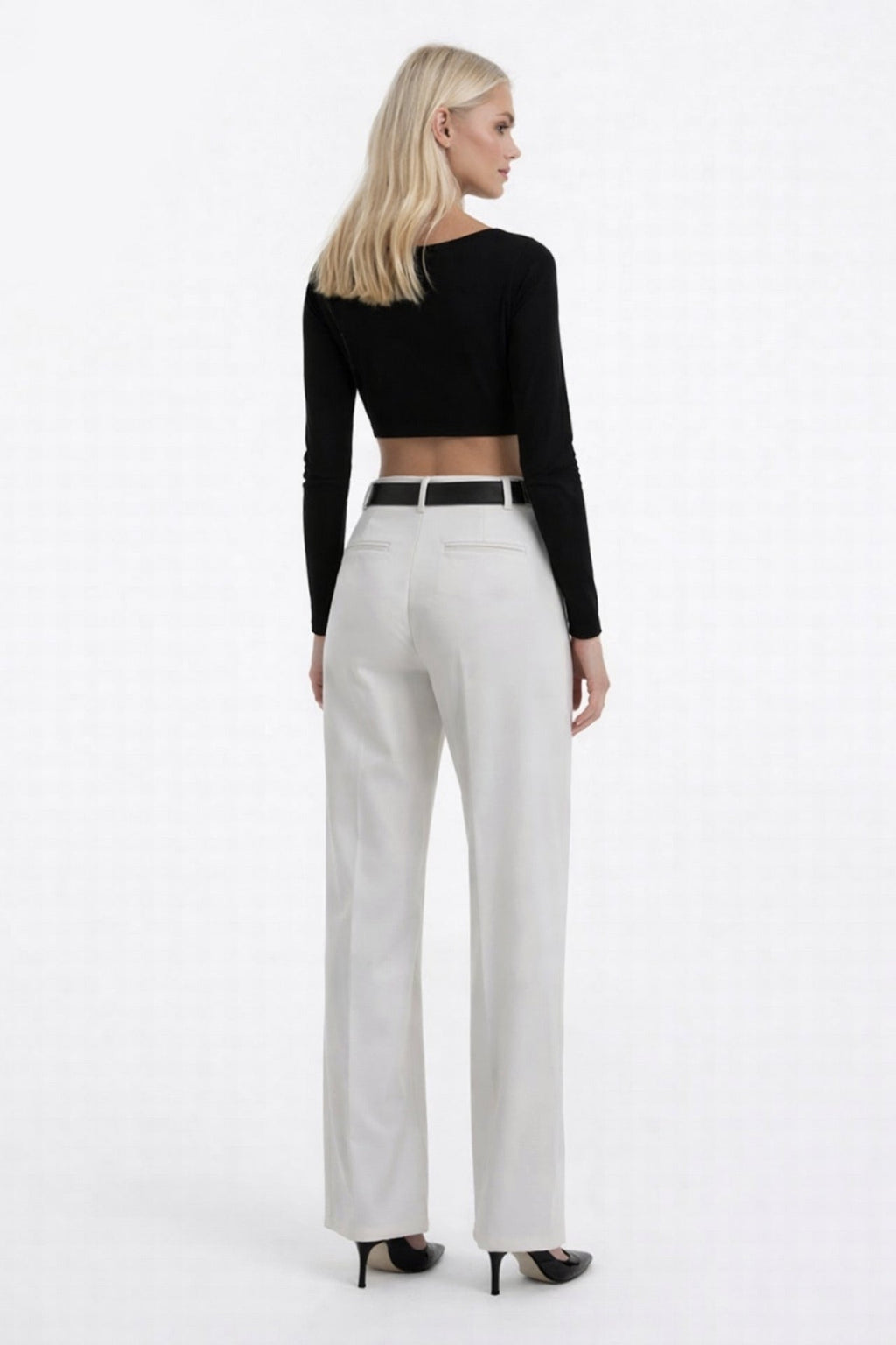 Waistt Detail White High Waist Pants