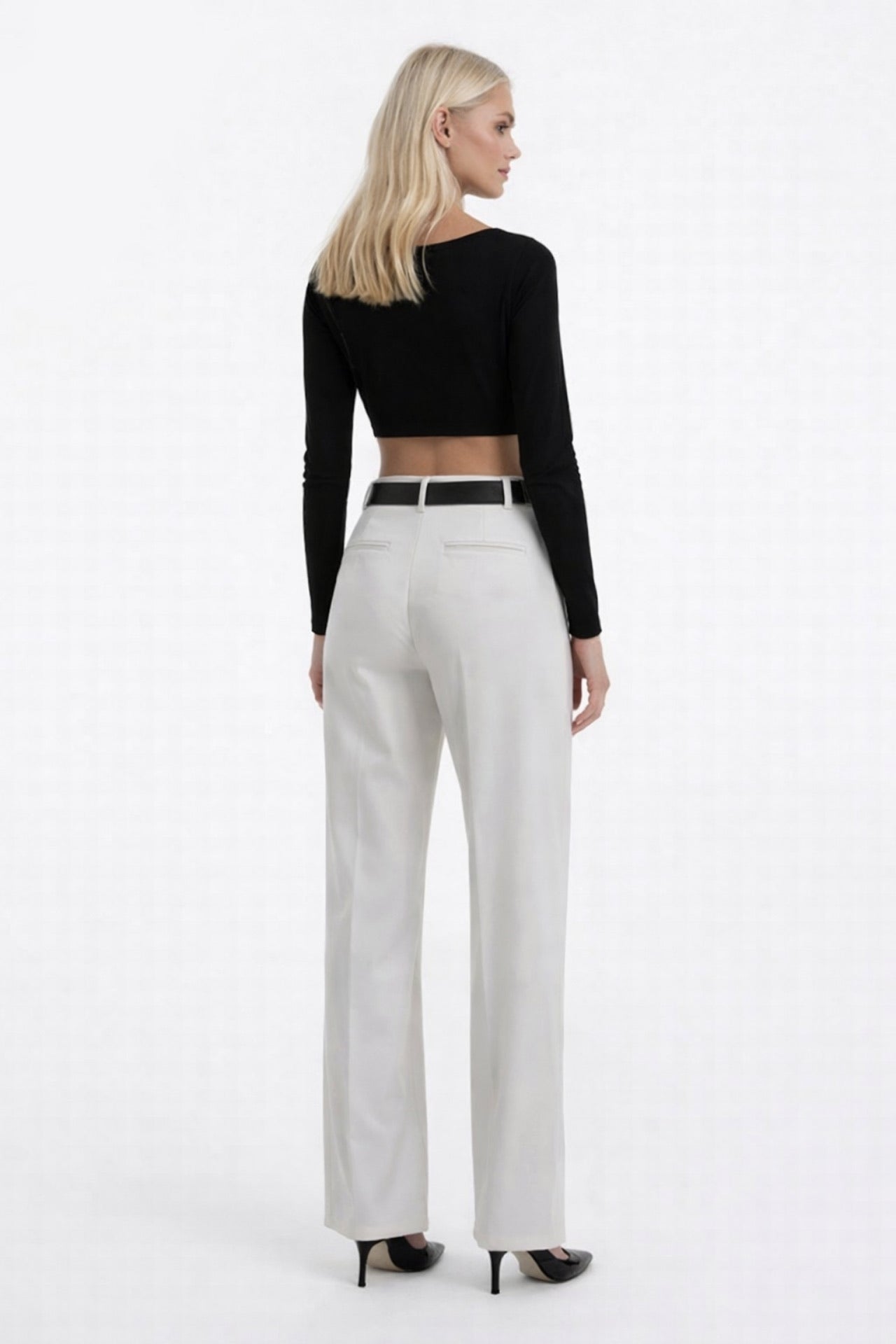 Waistt Detail White High Waist Pants
