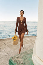 Accessory Detailed Ruffled Sleeve Brown Knit Dress