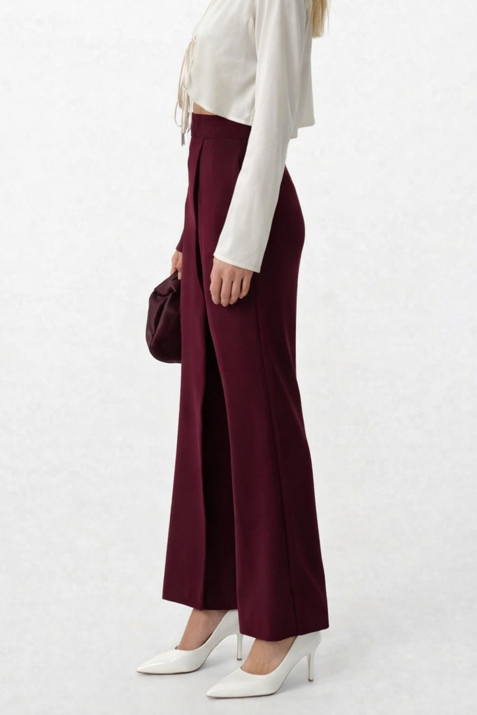 Wrap Detail Asymmetric Burgundy Pants