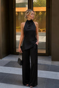 Asymmetric Cut Open-Back Blouse Pants İkili Black Satin Set