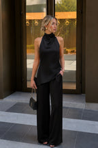 Asymmetric Cut Open-Back Blouse Pants İkili Black Satin Set