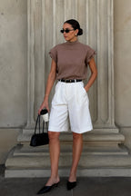 Turtleneck Sleeve Detail Textured Beige Blouse