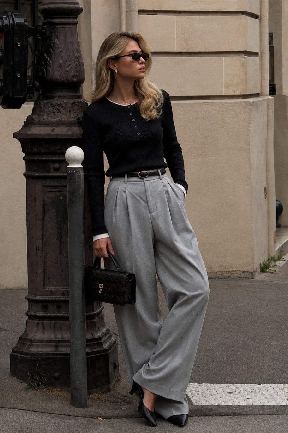 Button Detail Double-Collar Textured Black Blouse