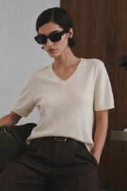 V-Neck Short Sleeve Textured White Blouse