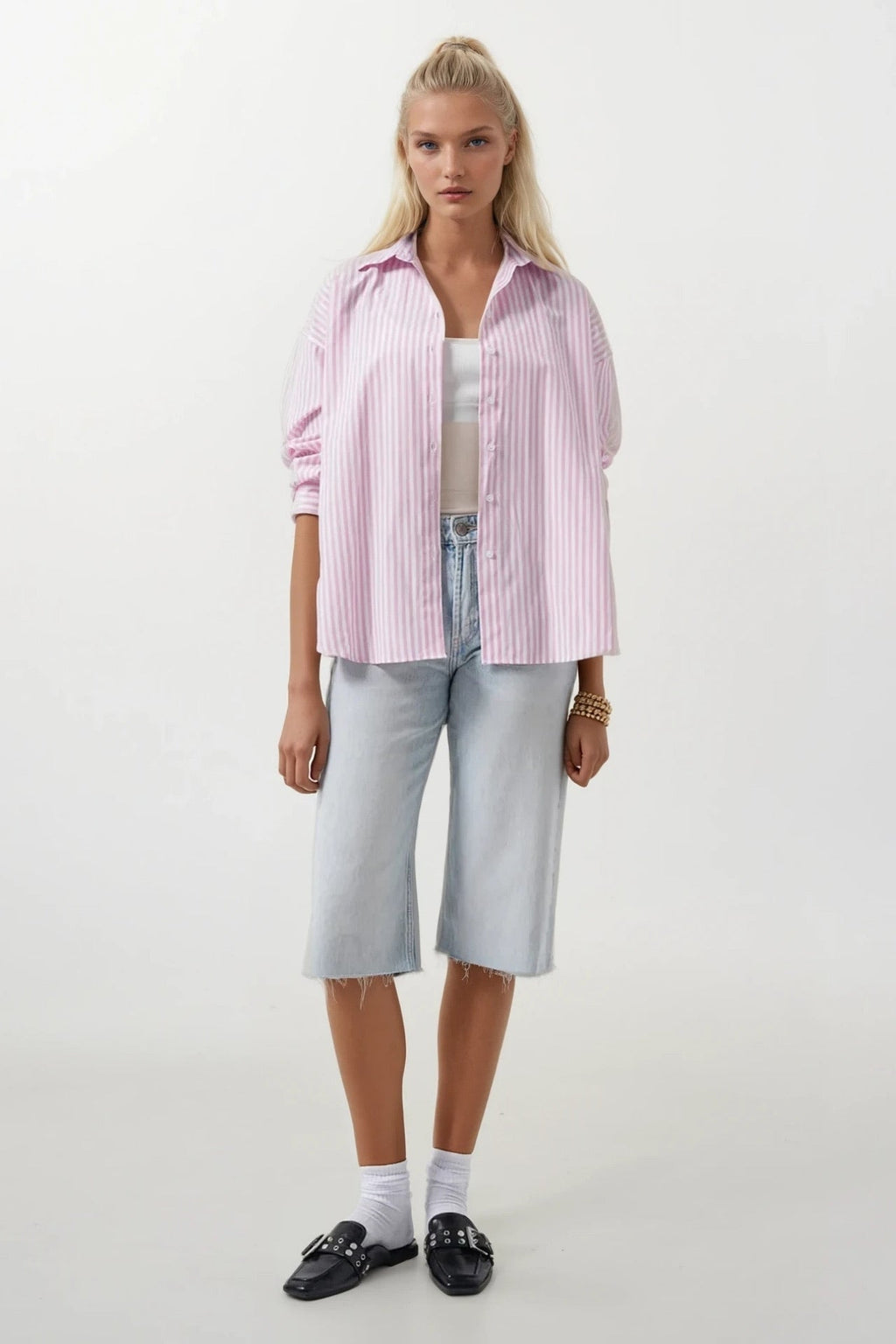 Striped Detail Oversize Pink Shirt