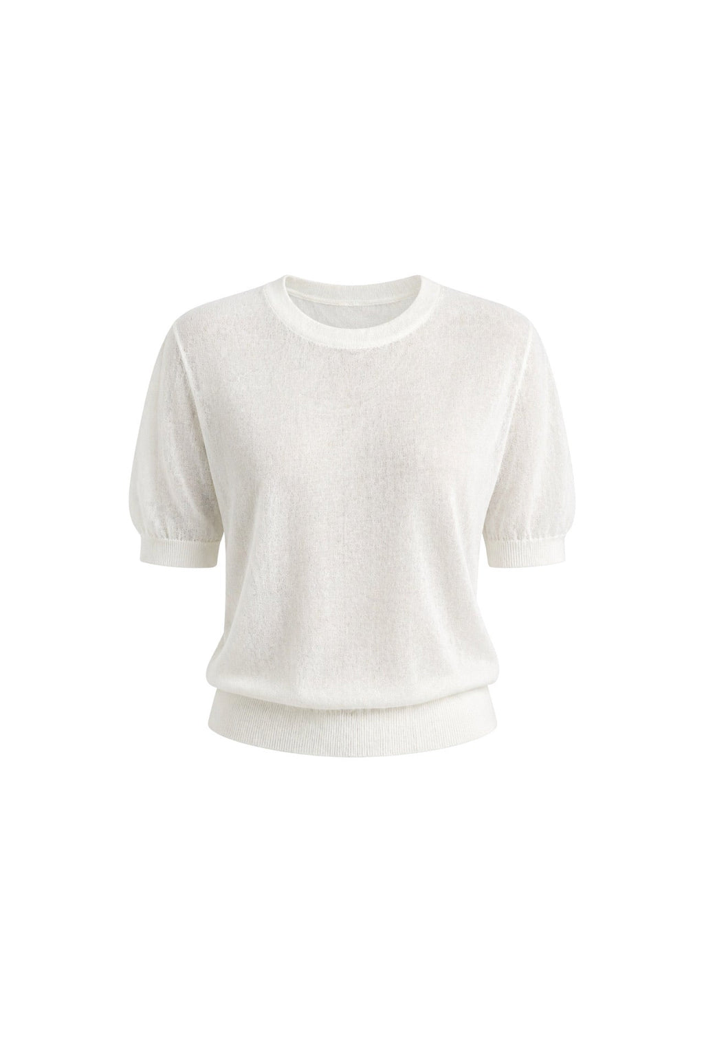 Crew Neck Sheer Textured White Blouse