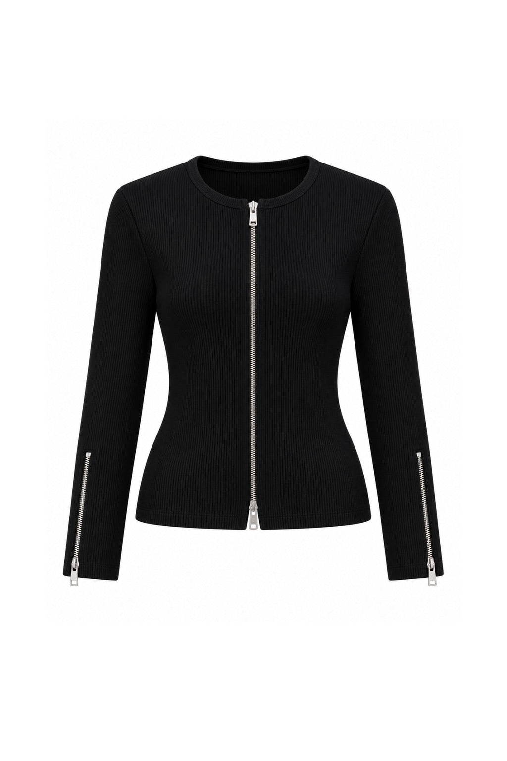 Double Fermuar Long Sleeve Black Textured Blouse