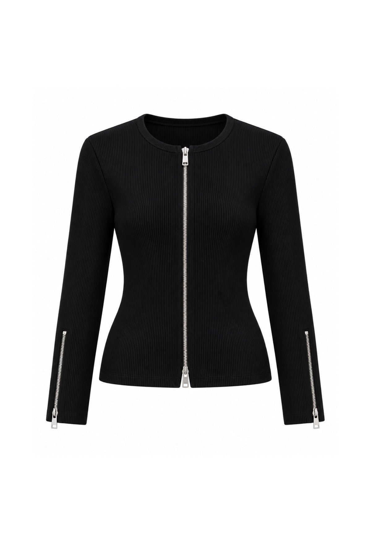 Double Fermuar Long Sleeve Black Textured Blouse