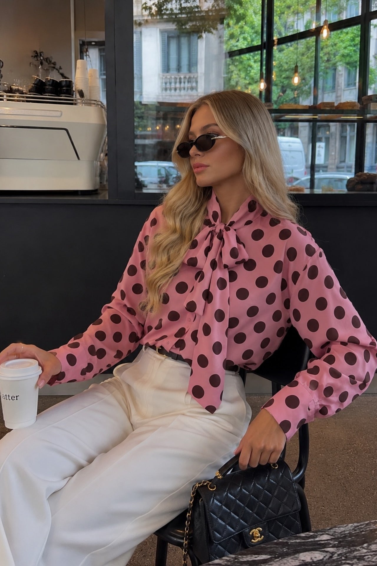 Polka Dot Pattern Scarf Detail Pink Shirt