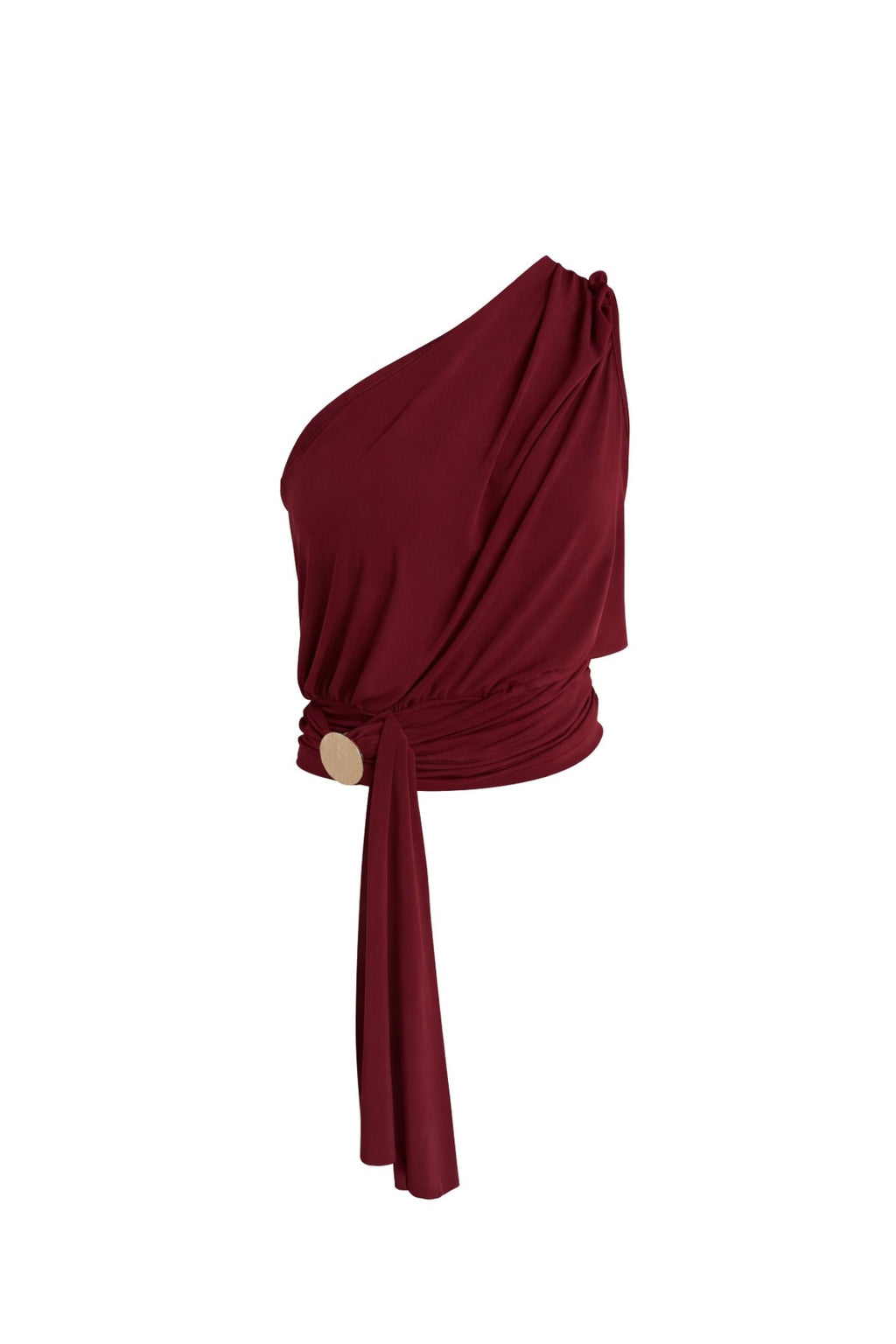 Open Detail One-Shoulder Tie Burgundy Blouse