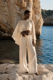 Wide Collar Crop Transparent Blouse High Waisted Pants Stone Two-Piece Set