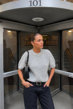 Neck Stone Embellished Half-Sleeve Textured Gray Blouse