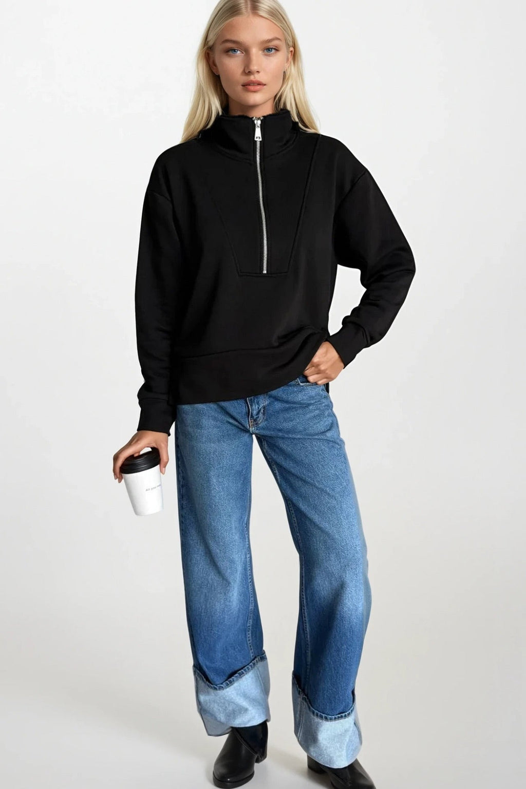 Zipper And Stitch Detail Black Sweatshirt