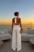 Asymmetric Cut Out Back Blouse Trousers Two-Piece White Satin Set