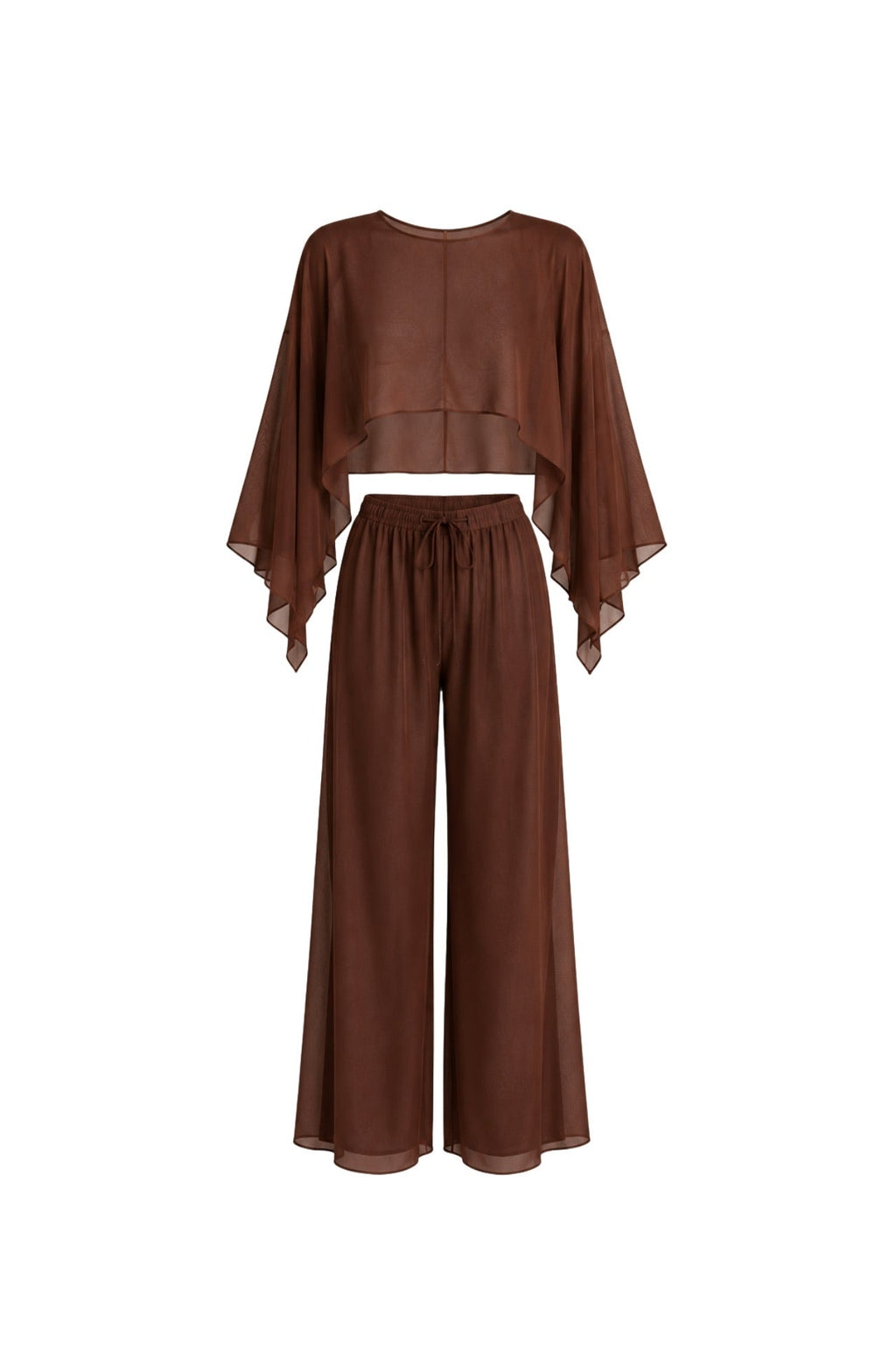 Wide Collar Crop Transparent Blouse High Waist Trousers Brown Double Suit