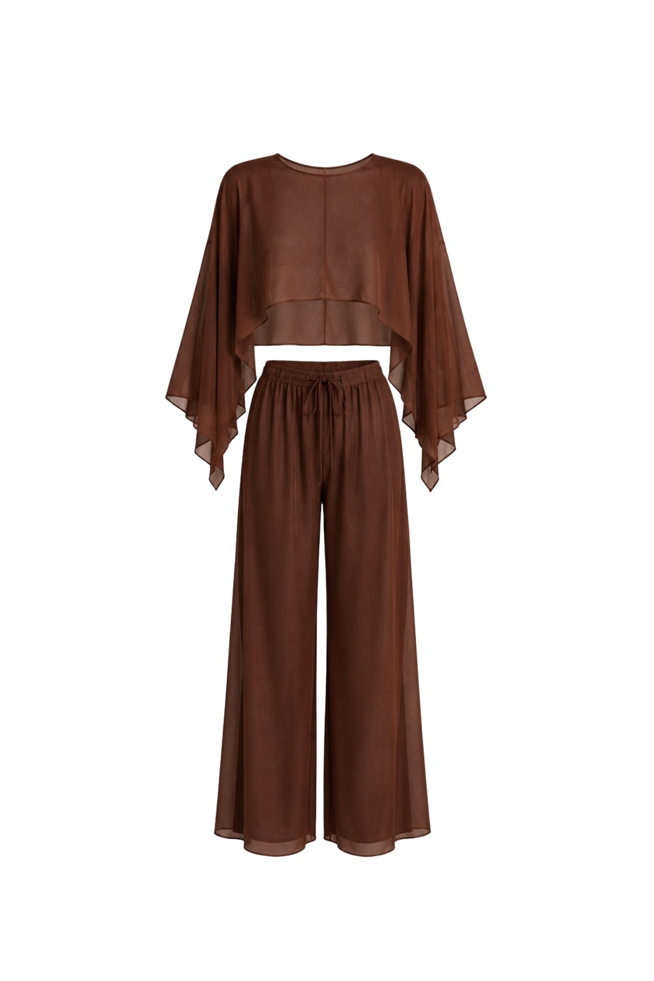 Wide Collar Crop Transparent Blouse High Waist Trousers Brown Double Suit